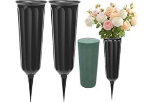 Vivantia 2 Pieces Grave Vases with Spikes & Floral Foam Cemetery Vases Graveside Flowers Holder Graves Flower Vase for Grave Yard Lawn Memorial Garden Decor (Black)