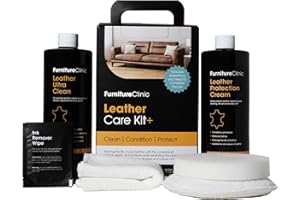 Furniture Clinic Kit Completo per la Cura della Pelle/Detergente per Pelle e Crema Protettiva per divani, sedili Auto/Include 500ml e 500ml di Balsamo per la Pelle Pulizia Ultra, spugne
