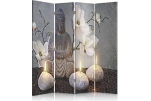 FEEBY FRAMES Feeby Biombo Buda Cultura 4 Piezas 145x180 cm Unilateral Divisor Plegable Impresión en Lienzo Separador de ambientes Moderno Diseño Habitación Salón Oficina Dormitorio Home Office Velas Flores Zen