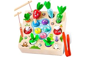 COOLJOY Montessori Spielzeug ab 2 3 Jahre, 4 in 1 Karotten Steckspiel Holz, Magnetische Angelspie, Holzspielzeug Motorikspielzeug, Halloween und Christmas Geschenk für 2 3 4 Jahre Junge und Mädchen