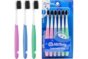 MitButy Brosse à Dent Souple, Lot de 6 Bross à Dent Manuelles pour Adultes, au Charbon Actif, Poils Souples et Effilés, Tête Compacte et Poignée Ergonomique