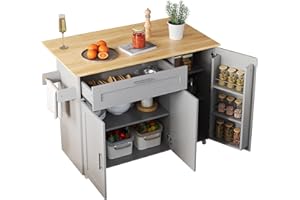 ‎DRIXNO DRIXNO Mobiler Küchentisch, Arbeitsplatte Klappbar, Eiche Maserung, multifunktionaler Schrank, Gewürzregal, Handtuchhalter, 5 Rollen, Grau Geeignet für Küche/Essen/Haus