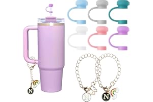 Oudizz 6 Tapas de Silicona para Pajitas Compatible con Stanley Cup 10mm Pajita y 2 Cadenas de Letras - Set de Accesorios para Tazas (letra N)