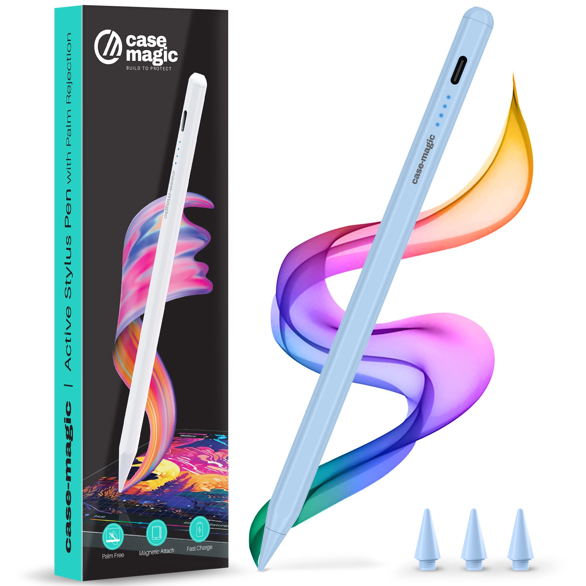 Case-Magic iPad Pencil Active Stylus Pen, Palm Rejection, Tilt Sensor, High Precision| for iPad 2018-2025 iPad(10/9/8/7/6) Air 13/11"(M3/M2/5/3) Pro 11"(1/2/3/4) Pro 12.9"(3/4/5/6/M4) Mini(6/5) (BLUE)