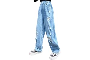 SEAUR Mädchen Jeans Teenager Cargo Hosen Baggy Schlaghose 120-170cm Gummibund Weites Bein Gerade Denim Jeans Bootcut Vintage Casual Cargohose