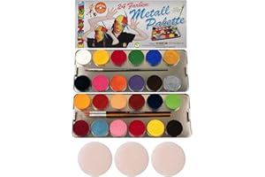 Eulenspiegel 224007 - Maquillage aqua professionnel, 24 couleurs, 3 pinceaux professionnels, 3 éponges, palette métallique