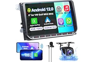INEXACCESSORIES Android 12 Car Radio For VW Passat Golf MK5 MK6, 4G+64G Car Stereo Support Wireless Carplay/Android Auto/Back-up Camera/Bluetooth/Voice Control/GPS Navigation/Wifi/FM Radio,9 Inch Touchscreen Radio
