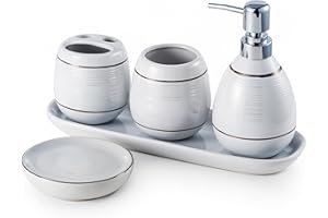 Ceramic Haven Luxe Collection | Oval Set of 5 Premium Bathroom Accessories | Soap Dispenser, Toothbrush Holder, Multipurpose Holder, Tumbler, Vanity Tray | Elegant Décor & Organiser (Luxe White)