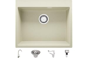 Lavello Cucina 59 x 50 cm, Lavandino Cucina in Granito 1 vasca + Rubinetto + Sifone Classico, Lavabo Cucina Incasso Oslo 60 XL di Primagran, Beige