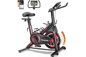 Toputure Bicicleta Estática Profesional con APP Capacitación, Bicicleta Spinning Silenciosa con Pantalla LCD y 15KG Volante, Portavasos Soporte para Asiento y Tableta, Ejercicios en casa, MAX 150 KG