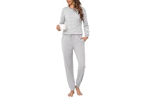 Bresdk Pijamas Mujer Invierno Algodon Rayas Pijama Largo Manga Larga Ropa para Dormir Tallas Grandes