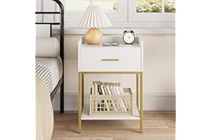 HEYZOEY Bedside Table, 3-Tier Modern Nightstand with Storage Drawer and Shelf, Small End Side Table with Gold Legs for Bedroom, Living Room, White