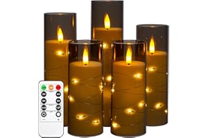 ‎DA BY Da by LED Kerzen mit Eingelassener Lichterkette，Batteriebetriebene Kerzen mit Fernbedienung und 24 Stunde Timer，Flackernde Led Kerzen Für Weihnachtsdekoration Heimdekoration(Grau, 5er-Set)