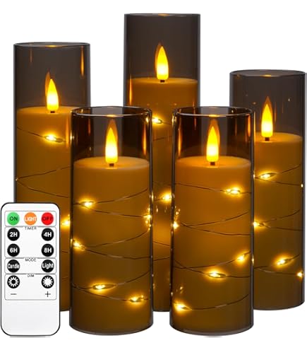 Da by LED-kaarsen, batterijkaarsen, met ingebouwde lichtslingers 5-delige vlamloze kaarsen, met 10-sleutel afstandsbediening, 24-uurs timerfunctie, dansende vlam, echte was (batterijen niet inbegrepen