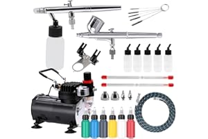 SAGUD Kit de aerografo con compresor, Incluye 2 aerógrafos de 0,3 mm, 0,5mm y Kit de 6 Pintura de Pistola,Manguera de Pistola