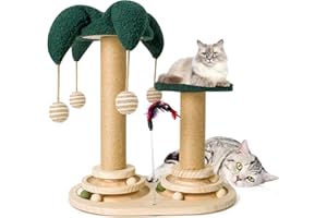 Shulltji 6 in 1 Interaktives Katzenspielzeug, Holz Katzenmöbel mit Hängenden Kugeln, Federn, Drehbar Smart Track Ball, Sisal- und Juteseil-Katzenkratzbaum für kleine und mittlere Katzen