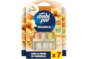 Ambi Pur 3Volution Profumatore per Ambienti, 7 Ricariche per Diffurore Elettrico, Fragranza Oro E Fiori Di Vaniglia, tecnologia Elimina Odori, Fino a 90 Giorni di Profumo per Ricarica