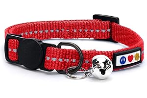 Pawtitas Recycled Cat Collar with Reflective Stitched and Safety Buckle Removable Bell Reflective Cat Breakaway Collar Made from Plastic Bottles Collected from Oceans - Red Chili Cat Collar.