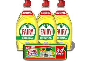 KRISHNA STORES LIMITED Fairy Liquid Original Lemon 320ml 3-Pack and Elbow Grease Sponge 4-Pack Bundle | Dish Washing Liquid | Washing Up Liquid Bulk | Fairy Liquid Washing Up Liquid Multipack