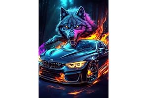 QENSPE 5D DIY Diamond Painting Coche Deportivo, Lobo Pintura Diamante para Adultos, Kit Bordado Art Diamante Redondo Completo Punto de Cruz de Diamantes Artesanía Pared Decor 30x40cm