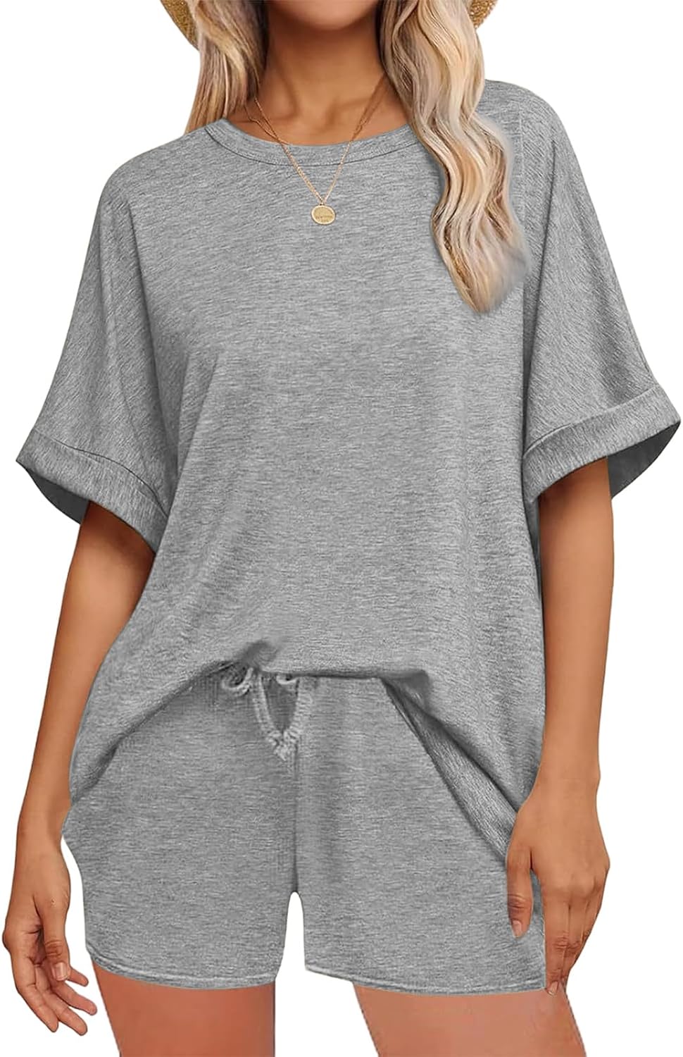 NLAND Mujer Conjunto Chándal 2 Piezas De Pantalones Verano Cortos Con Casual De Camiseta Bolsillos Y Cuello Redondo Top，Gris，L