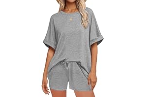 NLAND Mujer Conjunto Chándal 2 Piezas De Pantalones Verano Cortos Con Casual De Camiseta Bolsillos Y Cuello Redondo Top，Gris，L