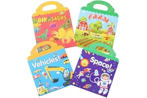 elzle 4 Libri di Adesivi Riutilizzabili per bambini, 3-6 Anni Giocattolo Educativo, Veicoli, Spazio, Dinosauri, Fattoria 4 Temi Adesivi Trasparenti 3D Bambini e Ragazze Regali di Compleanno