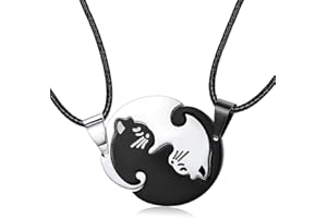 YANCLIFE Couples Necklace, Cat Pendant Couple Lover Necklace Stainless Steel Matching Puzzle Lovers Necklace Black and White Men's Women's Pendant for Lover Valentine Birthday