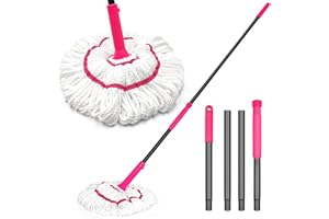 NEWE Mocio Autostrizzante per la Pulizia del Pavimento, Aggiornato 45 cm Ampia Microfibra Mocio Rotante, 140 cm Manico Lungo Bagnato Asciutto Cucina Facile Mop Lavapavimenti per Legno, Piastrelle