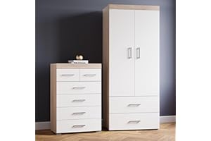 DRP Trading White & Sonoma Oak 2 Piece Bedroom Furniture Set, 4+2 Drawers Chest, 2 Door Wardrobe, Ample Storage, Elegant Décor, Ideal for Bedroom Organisation, Quality Bedroom Set…