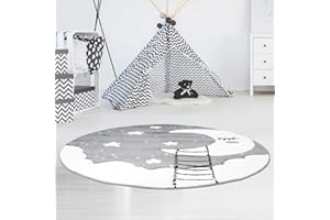 carpet city Bueno Tapis Rond pour Chambre d'enfant avec Contour de Lune, Nuages, étoiles, Gris crème 120 x 120 cm