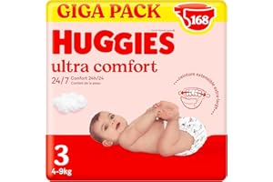 HUGGIES Ultra Comfort - Couches bébé Taille 3 (4kg-9kg) - 3 paquets de 56 couches - ceinture ultra douce - absorbtion rapide - sans parfum - chlore et latex - emballage recyclable