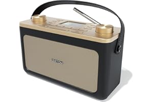 DAB/DAB+ & FM Portable Digital Radio | Leather Design | Bluetooth | Battery & Mains Powered (4x”C”) | Dual Alarms & Sleep Timer | Perfect for Home, Office or Outdoors | AZATOM Classic (Black/Gold)