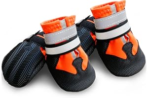 NeuWook Scarpe per Cani, Set di 4 Stivali per Cani Impermeabile con Cinturini Riflettenti, Scarpe Cane con Cinturini Riflettenti e Suola Antiscivolo per Protezione Le Zampe per Cani (L, Arancia)