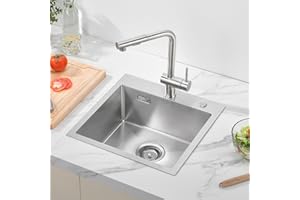 Auralum Évier Cuisine 1 Bac 45 x 45 CM, Evier Inox pour Meubles Bas de 50 cm, Lavabo Cuisine mit Siphon, Evier Cuisine avec 2 Trous de Montage