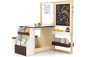 GOPLUS Caballete para Niños Multifuncional 3 en 1, Pizarra Infantil de Doble Cara Ajustable, Centro de Arte con Rollos de Papel Intercambiables, Juguete de Dibujo de Madera para 3 Años+, Café