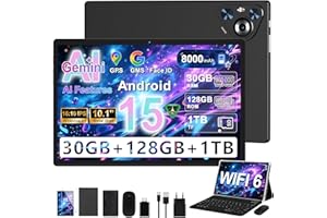DGHRTI 2025 Tablette Android 15 10" Écran IPS HD | 30Go RAM 128Go + TF 1To | Octo-Core 8000mAh | Wi-Fi 6 | Widevine L1 | Caméra 8MP+5MP | Châssis en métal | Tablet tactile avec Clavier et Souris | Noir
