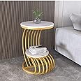 AAFIYA HANDICRAFTS Luxurious Dual-Tier Marble Look Top Side Table with Elegant Metal Frame Modern Unique Curved Perfect for Office Décor Multi-Functional Accent Style & Storage (Gold & White)