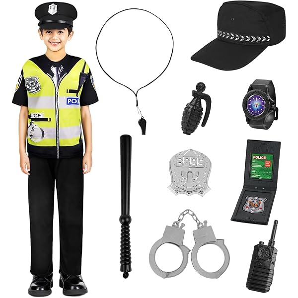 Esposas Walkie Talkie Pistola Juguete Disfraz De Policía Completo Para Niños Udekit - Incluye Gorra, Camisa, Pantalón, Esposas, Silbato Y Más - Tallas 2 A 12 Años Disfraz Policía Niños Completo