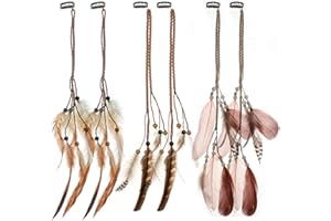 MWOOT 6Pcs Feather Hair Clips for Women, Bohemian Hair Extensions with Clip Comb, Indian Tassel Hemp Rope Braided Beads Headdress, Handmade Hair Accessories for Halloween Party Costume Decoration