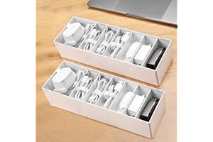 PAVSTINE Cable Storage Box Small, 2 Pcs White Cable Tidy with Adjustable Compartments, Cable Tidy Management Box with 14 Cable Ties, Cord Organiser Box for Wire and Charger Storage