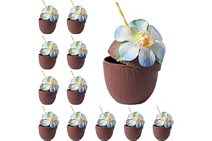 THE TWIDDLERS 12 Mehrweg Kunststoff Kokosnuss Cocktail Becher mit Blumen & Papierstrohhalmen - Tikibecher - Hawaii Party Deko, Pool Strandpartys, Tropische Hochzeiten, Geburtstage
