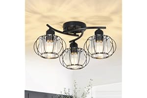 Stepeak Crystal Ceiling Lights Living Room, 3-Lights Crystal Chandeliers Ceiling Light, Modern Ceiling Lights with Glass Lampshades, Black Chandelier for Bedroom, Hallway Light Ceilings for Kitchen