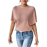 Zilcon Women Fashion Waffle Fall Batwing Half Sleeve Tops Boat Neck Oversized Tops Casual || top for Women Stylish Western