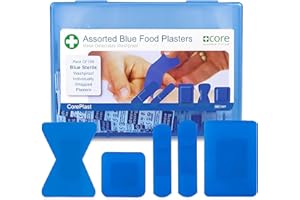CORE MEDICAL Blue Catering Plasters Assorted Hard Box 100x CorePlast Metal Detectable. Washproof Waterproof Medical Plaster Catering First Aid Kits, Easy Open, high stickability, Tough Cushioned Wound Dressing