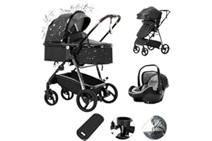 Zkiprm Cuero Cochecito 3 en 1 Sistema de Viaje con Capazo y Silla de Coche - Plegable, Ruedas PU con Suspensión, Incluye Mosquitera, Cubrepies y Funda de Lluvia (Bebés de 0 a 48 Meses) Negro
