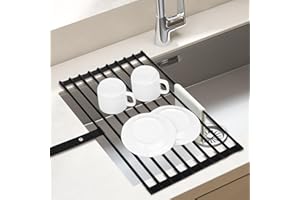 Euqvunn Scolapiatti da Appoggio per Lavello, Pieghevole e Rimovibile Gocciolatoio, Grande, con Bordi in Silicone Antiscivolo e Cinturino, Organizer Cucina Tappetino Scolapiatti, 51x32cm, Nero