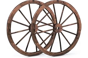 SOARS 2 Piezas Ruedas de Carro de Madera, Decoración de Pared Ø 76 cm con Chapa de Hierro, Rueda de Madera Ruedas Colgantes Rueda de Carro Rústico para Decoración para Jardín & Bar, Marrón