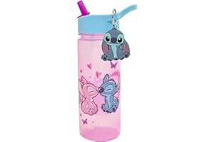 Disney Polar Gear - Borraccia per bambini con cannuccia Stitch and Angel, 500 ml, idea regalo per ragazze, per il rientro a scuola, con ciondolo a forma di Stitch e portachiavi