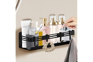 Pyrrhonian Estanteria Baño Adhesivo - Estanterias Ducha Baño Sin Taladro, Acero Inoxidable Negro Mate, Estantes Baño Pared Repisa Baño Con 4 Ganchos para Baño Y Cocina, 30CM (1)